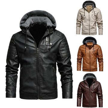 Men Fleece Liner PU Leather Jackets Coats With Hood A