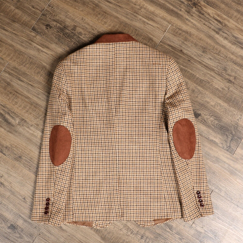 2021 Brown Classic 3 Piece Plaid Tweed Suit for Men
