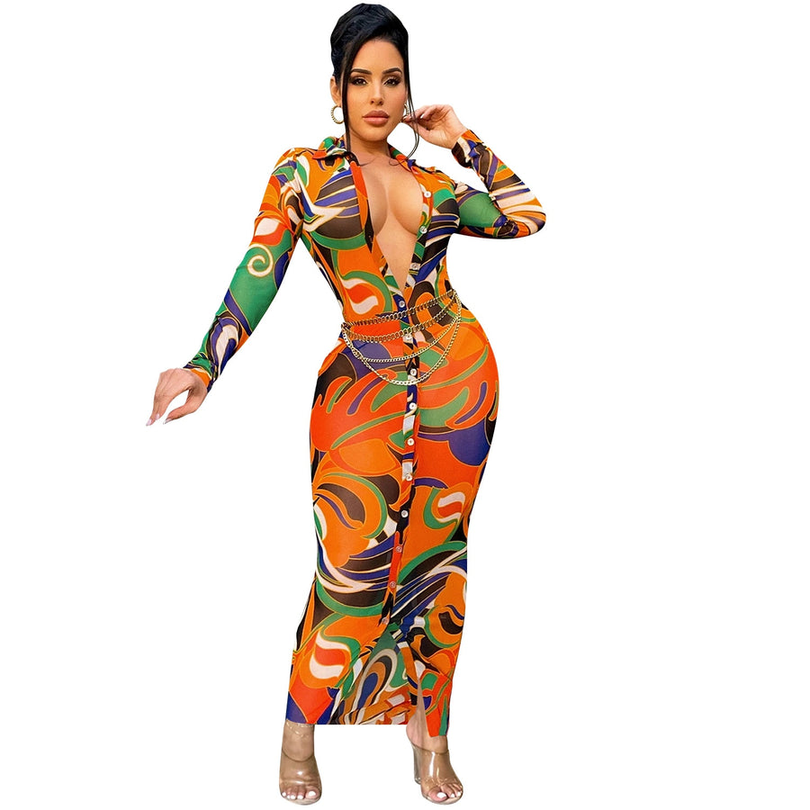 2022 Women Print Mesh Sheer Bodycon Dresses