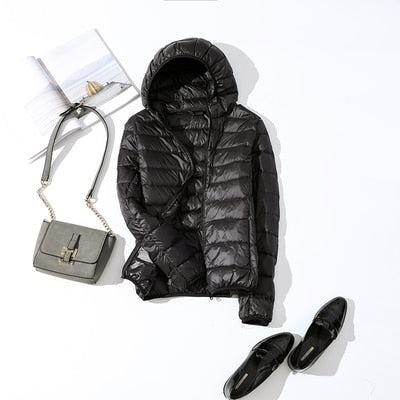 90% Ultra-light Plus Size Thin Down Jacket Women Autumn Winter Slim Short Hooded Warm White Duck Down Coat
