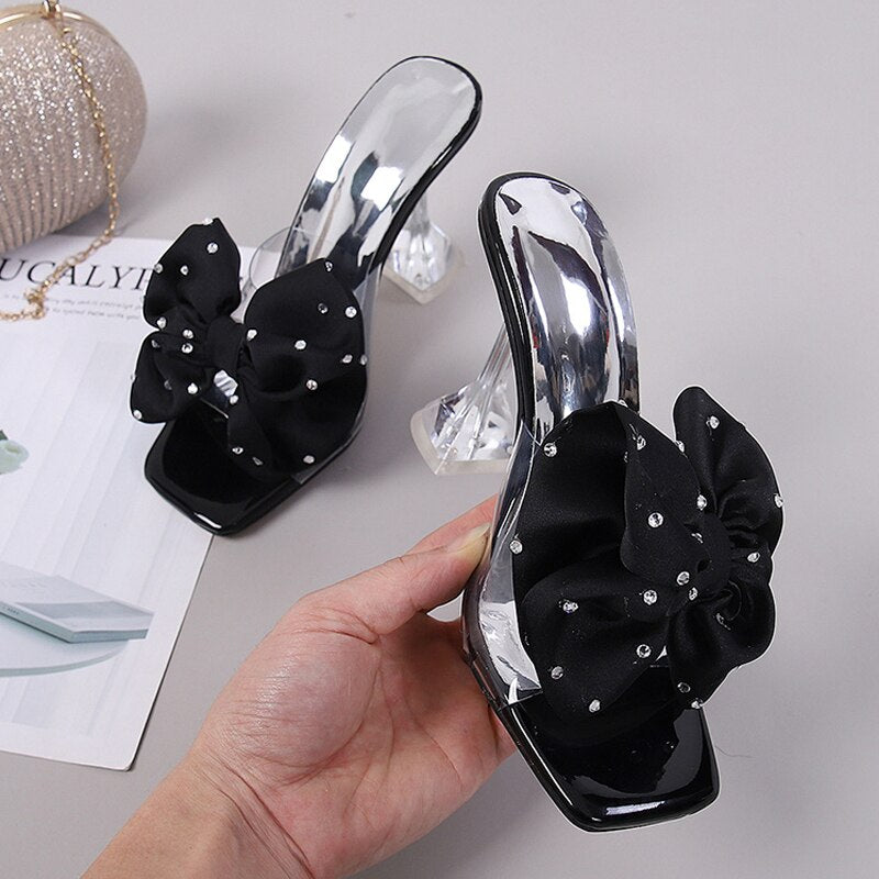 2023 New Fashion Crystal Bow High Heels Slippers Shoes Woman Sexy PVC Transparent Sandals Women Slides Open Toe Pumps Blue Black