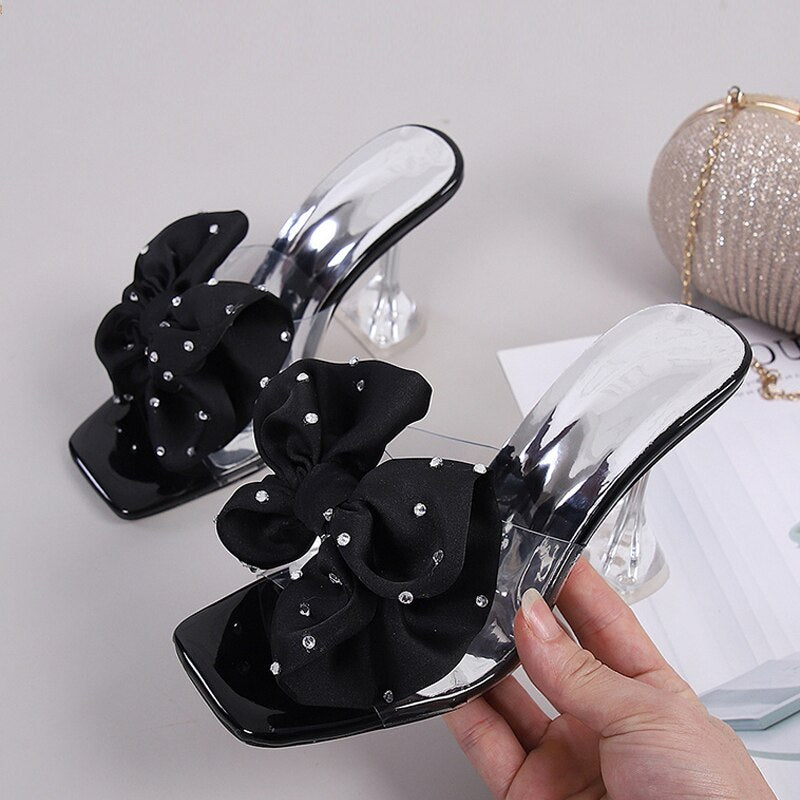 2023 New Fashion Crystal Bow High Heels Slippers Shoes Woman Sexy PVC Transparent Sandals Women Slides Open Toe Pumps Blue Black