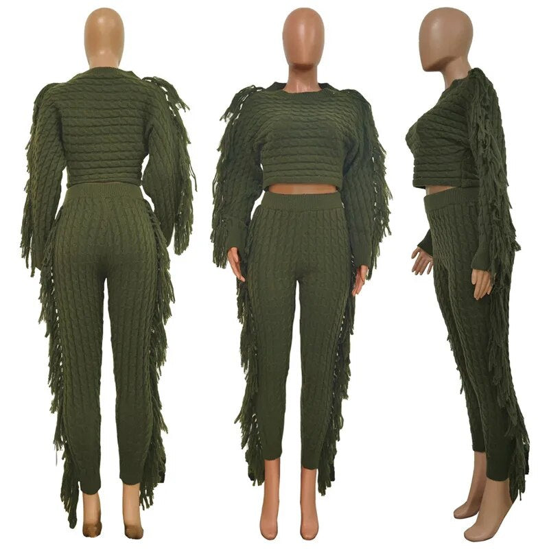 Two Piece Women Crop Top Long Pants Tassel Sweater Set