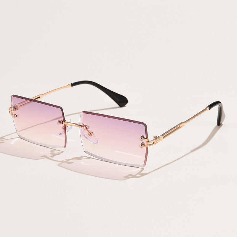 Fashion Rimless Rectangle Sunglasses Women Men Alloy Trendy Brand Small Square Lens Sun Glasses Gradient Black Lens Shades UV400