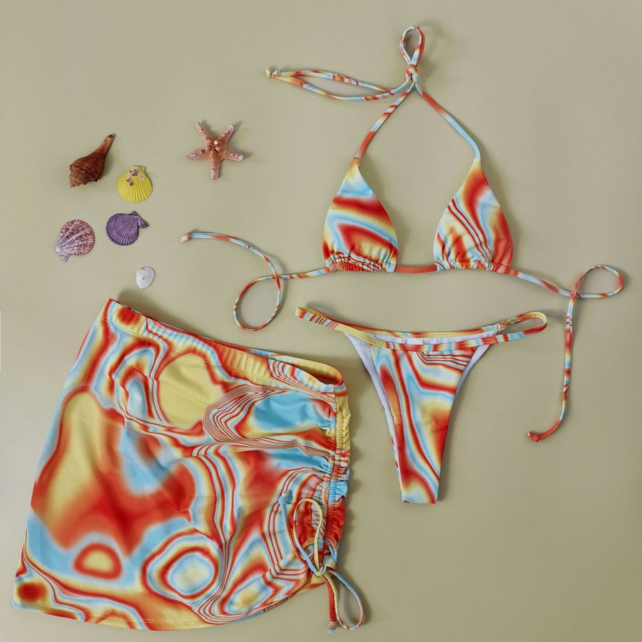 European and American New Color Print Drawstring Three-Piece Suit Bikinis Lace-up Hanging Neck Split Swimsuit Sexy Gyaru Bikini
