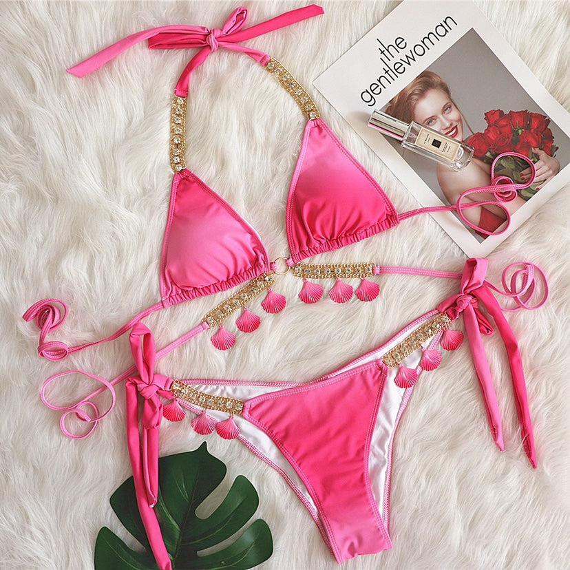 European and American Fashion Classics Women's Distinctive Tassel Halter Banded Bikini Beach Swimsuit Summer Swimsuit Gradient Color