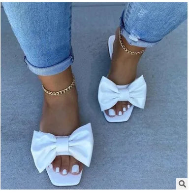 Summer Plus Size One-line Solid Color Bow Flat Sandals
