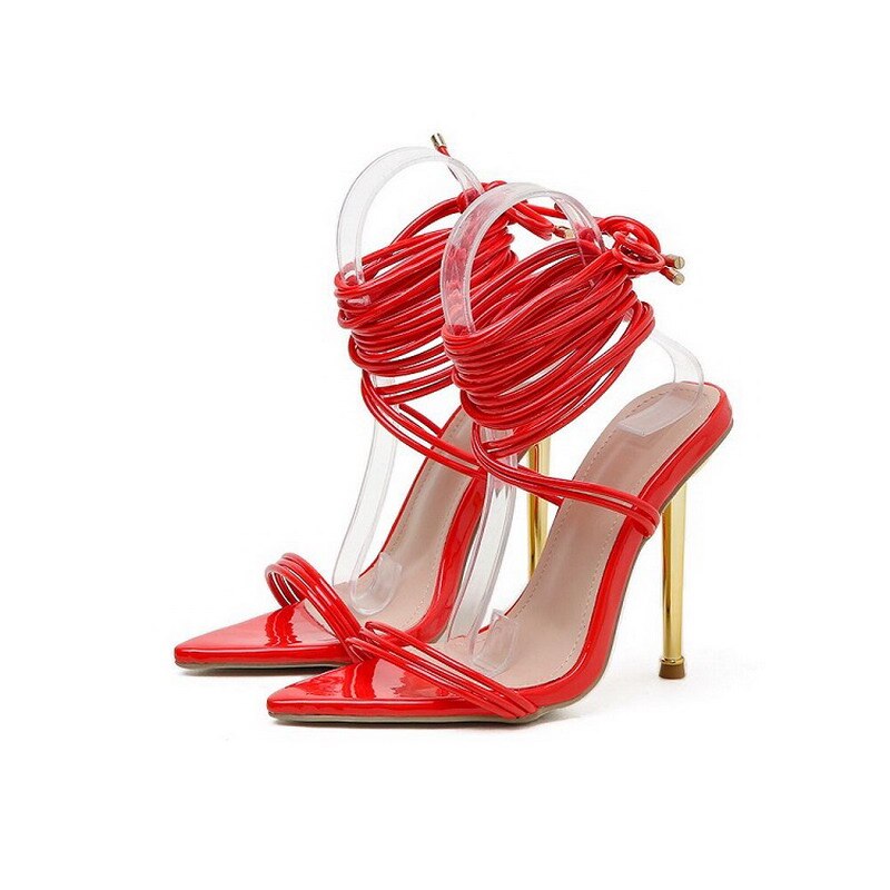 2022 New Style Summer Women Pointed Sandals Plated High Heels Ladies Sandals Open Toe Shoes Girl's Cross Strap Sandals Red Shiny