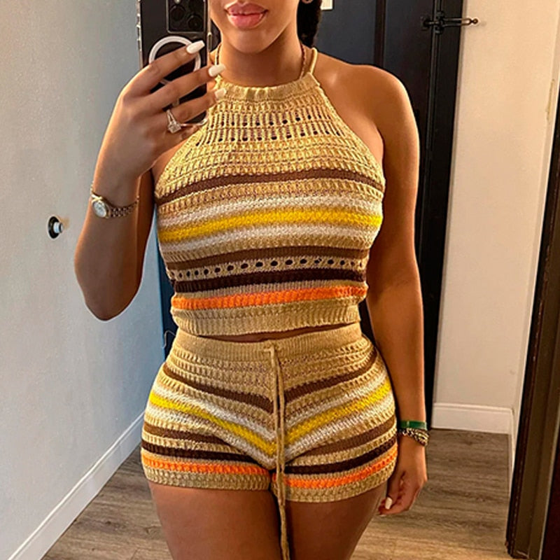 Women Bohemian Bodycon Colorful Stripe Knitted Two Piece Outfit