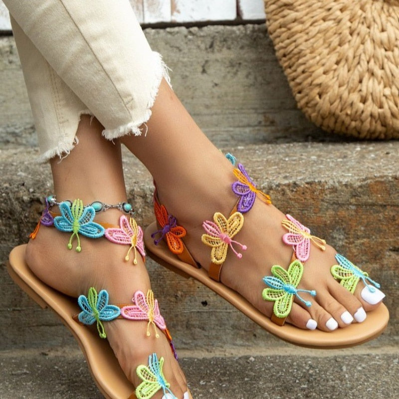 Women Summer New Flat Sandals Colorful Butterfly Decorated Beach Sandals