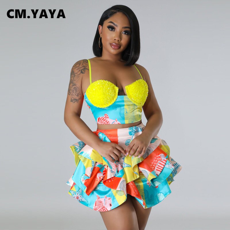 Women Two 2 Piece Sequined Crop Top  Ruffles Skirt Shorts Outfit