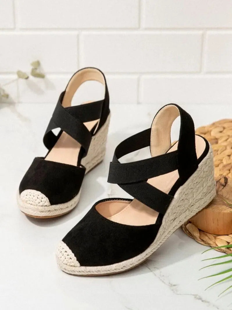 Women's Closed Toe Espadrilles Wedge Sandals, Comfortable Cross Strap Slip On Heels, Casual Outdoor Fabric Shoes