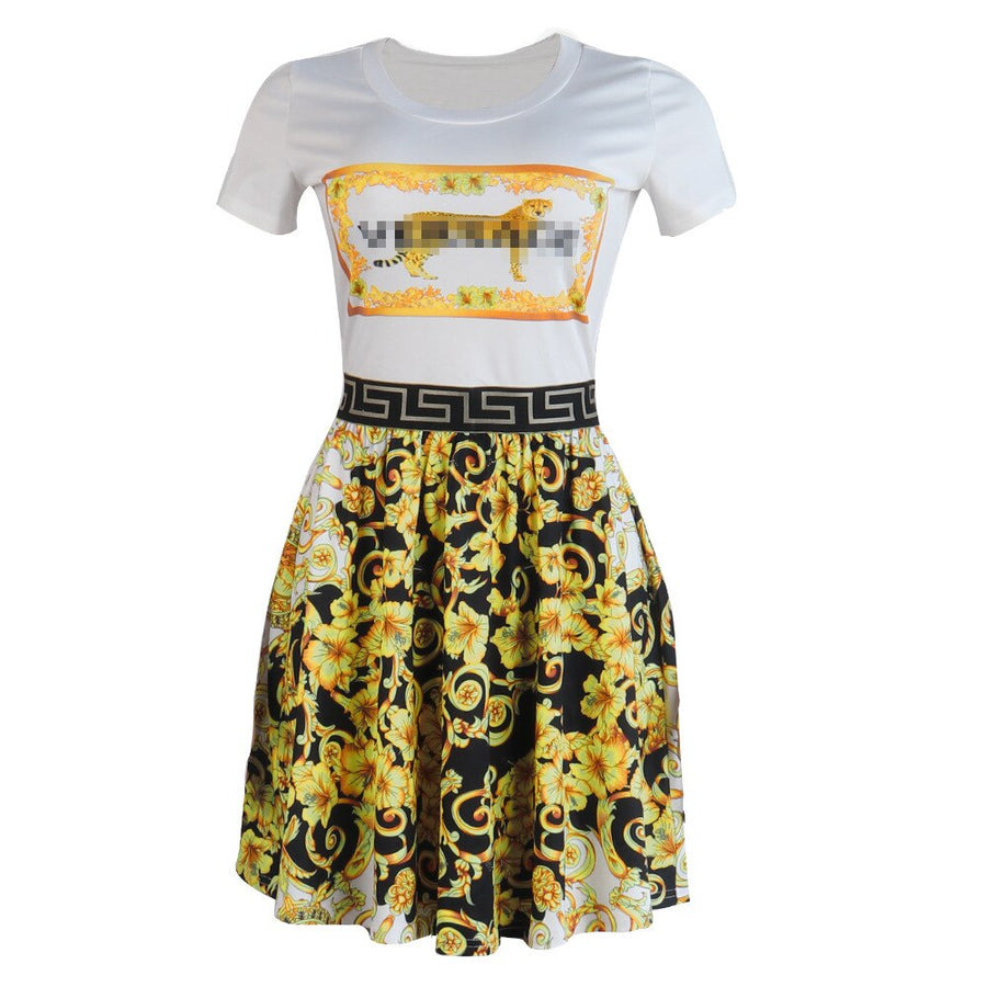 2023 New Pattern Women Summer Fashion Short Sleeve Printed Skirt Dress