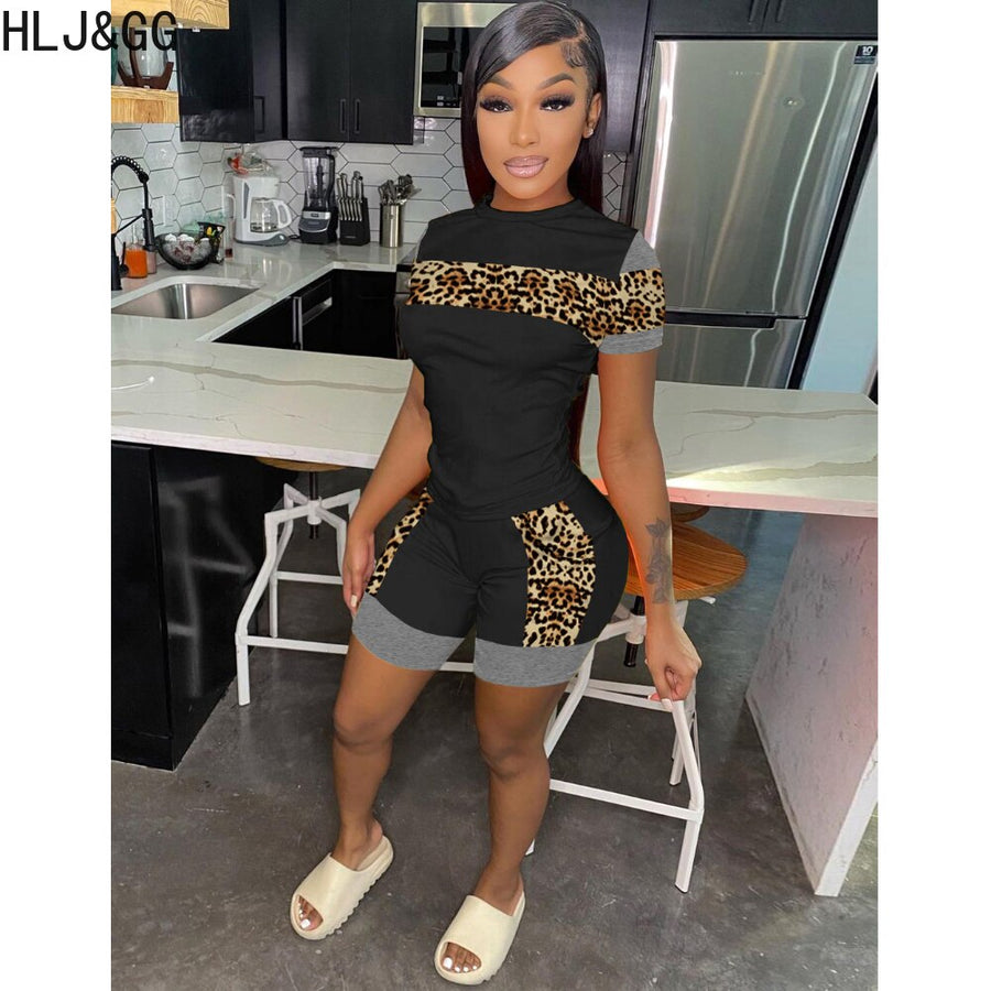 Summer Two Piece Women Round Neck Slim Tshirt And Biker Shorts Tracksuits