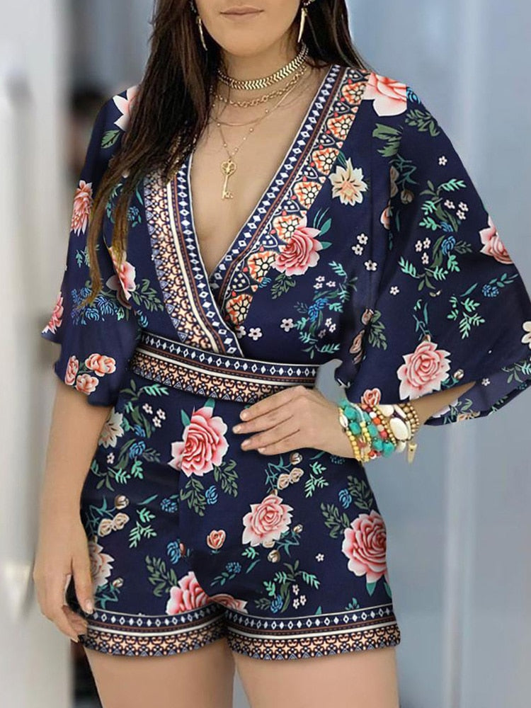 Deep V Neck Floral Half Sleeve Romper Women Playsuits Summer Casual One Piece Overalls