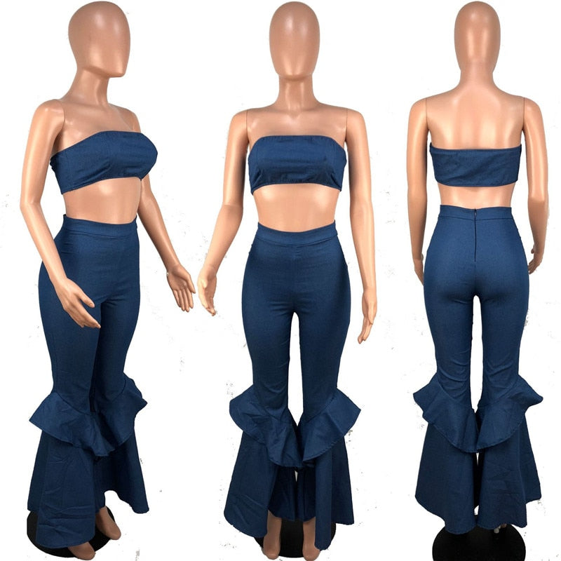 Denim Two Piece Summer Strapless Crop Top and Bell Bottom Jeans Flare Pant Suit