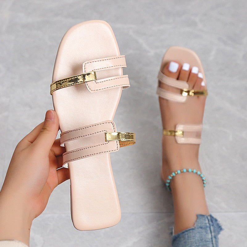 Women Slippers 2022Summer Gold color Thin belt combination shoes