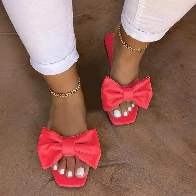 Summer Plus Size One-line Solid Color Bow Flat Sandals