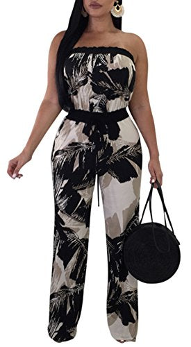 Women Sexy Off Shoulder Strapless Floral Wide Leg Jumpsuit Romper Flare Palazzo Long Pants Set: Clothing