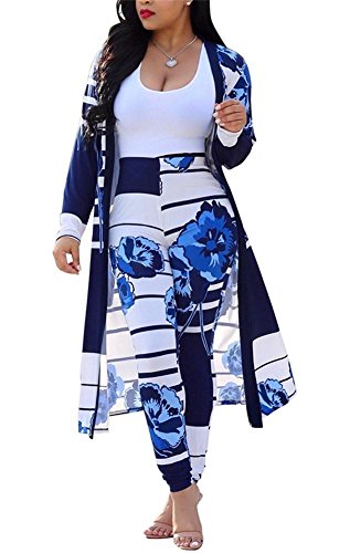 Women Floral Print Long Sleeve Kimono Cardigan Cover up Long Pants 2 Piece Outfit