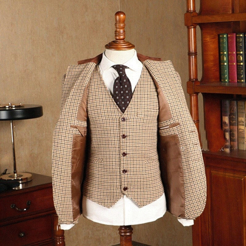 2021 Brown Classic Plaid Tweed Suit for Men Slim fit Groom Wedding Tuxedo Blazer Male Formal Business Jacket Vest Pants 3 Piece