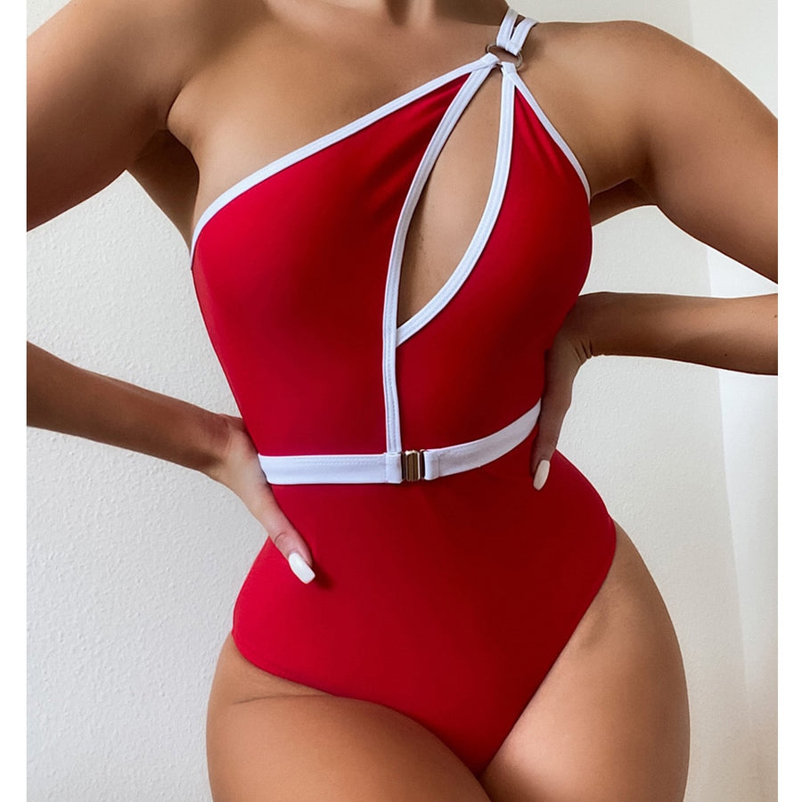 VigoCasey Hollow Out One Shoulder Swimwear Women 2022 Sexy One Piece Swimsuit Female High Waist Monokini Solid Belt Bathing Suit