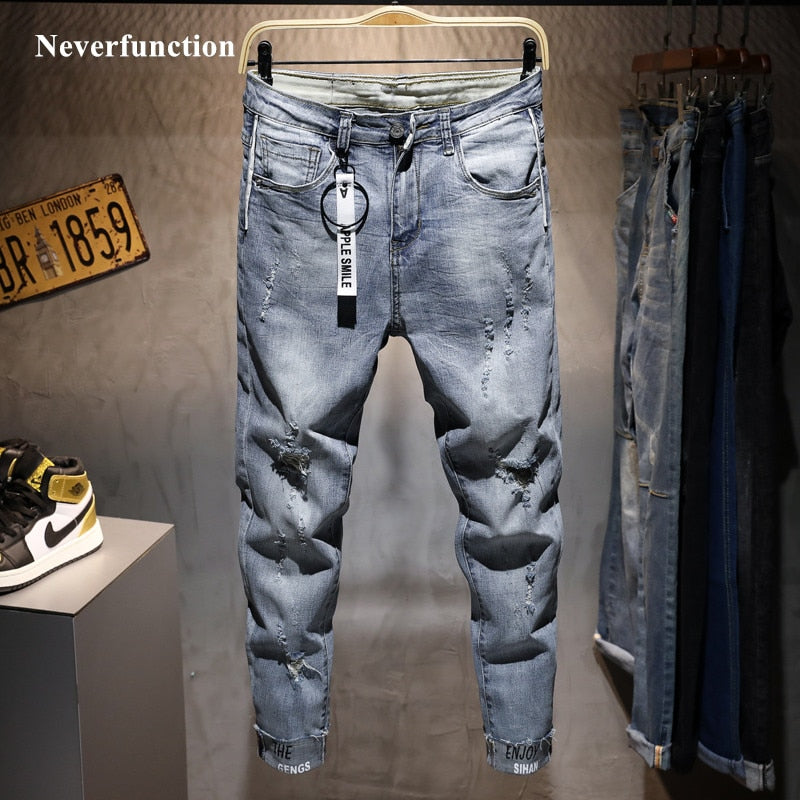 Men New Ripped Casual Skinny jeans Trousers Fashion Brand man streetwear Letter printed distressed Hole gray Denim pants