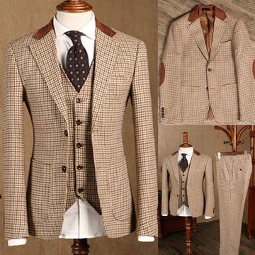 2021 Brown Classic 3 Piece Plaid Tweed Suit for Men