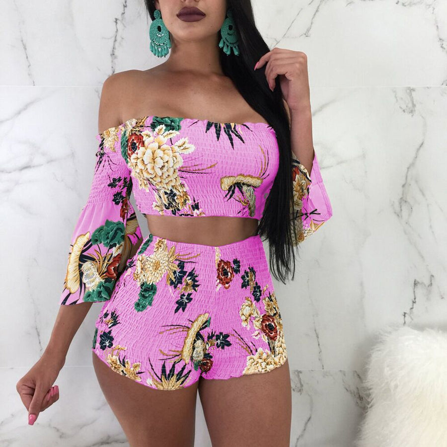 2021 OL Sexy Women Floral Two-Piece Set Off Shoulder Half Sleeve High Waist Crop Top and Shorts Set Nightclub Party Suit Outfits
