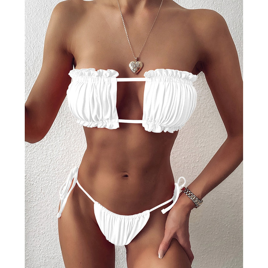 2022 Women Pleated Bandeau Swimwear Mini Thong Bikini Set