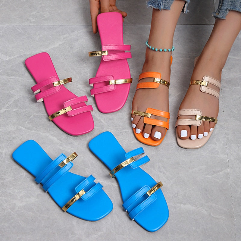 Women Slippers 2022Summer Gold color Thin belt combination shoes