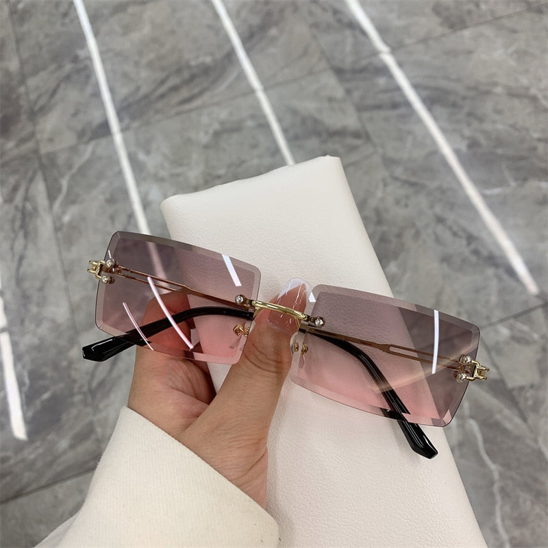 Vintage Fashion 2021 New Sunglasses Rimless Frameless Rectangle Shades Gradient UV400 Summer Traveling Sun Glasses for Women