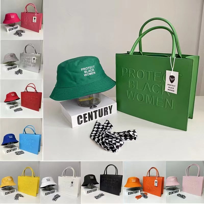 Ladies Leather Protect Black People Bag Women Set Bucket Hat 2022 Luxury TOTE Handbags for Women Bag Purse And Hat Set