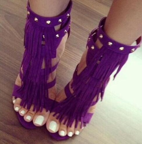 Wholesale Price High Quality Fringe High Heel Sandals Red Purple Suede Leather Rivets Summer shoes woman Size 34-41 Real Photo