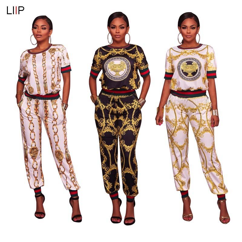 summer 2019 sexy print crop top and pants two piece sets