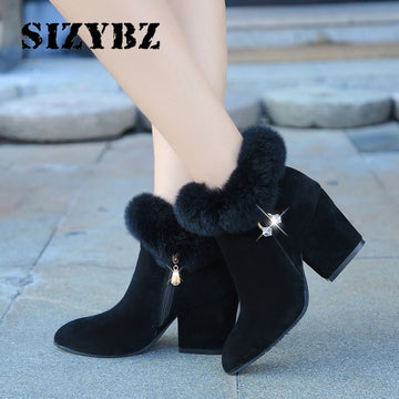 Fashion boots women fur Winter warm Pointed Ankle Boots Sexy Rhinestone Decoration Zipper women boots comfortable female shoes