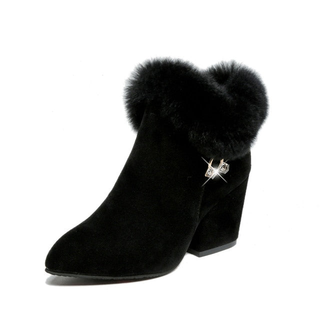 Fashion boots women fur Winter warm Pointed Ankle Boots Sexy Rhinestone Decoration Zipper women boots comfortable female shoes