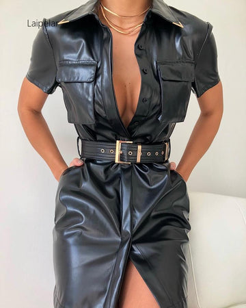 Turn-down Collar Pocket Design Leather Dress Short Sleeve Summer Party Dresses For Women