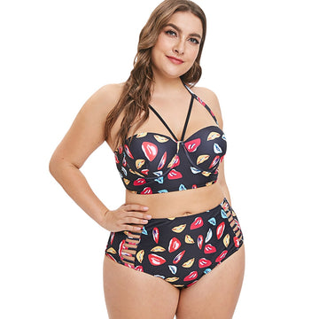 Wipalo Women Fashion Lip Print Plus Size Halter Neck Beach Set Two Pieces Ladies Swim Wear Casual 2019 Summer Beach Bathing Suit