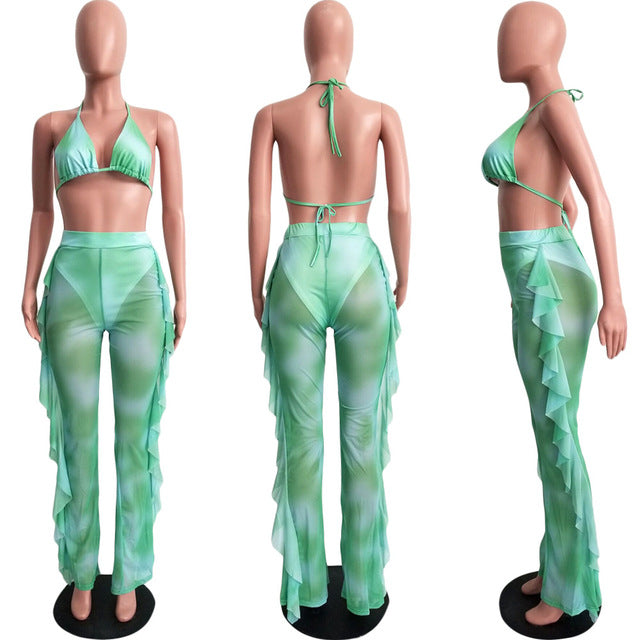 Tie Dye Print Mesh Summer Beach Two Piece Set