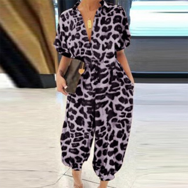 Women Leopard Print Jumpsuit Retro Summer Short Sleeve Lace-Up Playsuit Overalls Casual Button V-Neck Pocket Romper Bodysuit 5XL