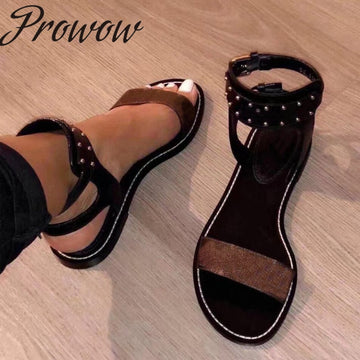 New Black Color Buckle Strap Flats Sandals Open Toe