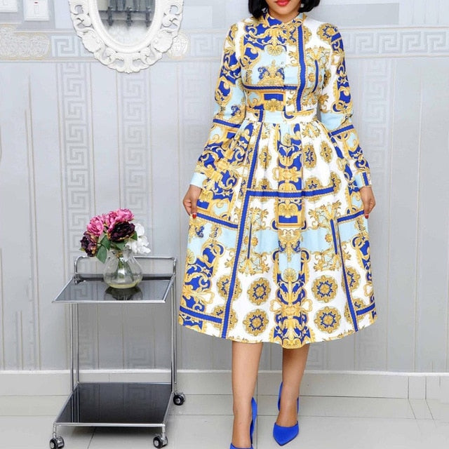 Plus Size Geometric Printed Elegant Office Ladies Tunic Pleated Midi Dress