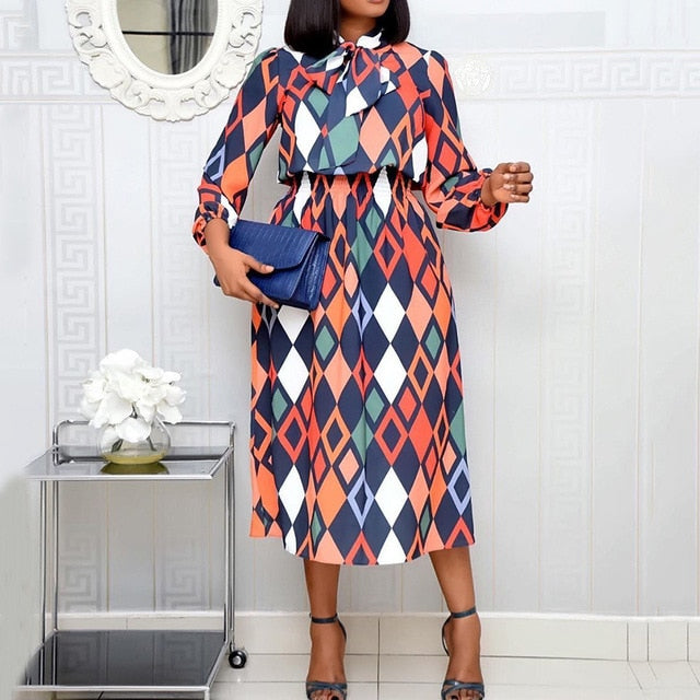 Plus Size Geometric Printed Elegant Office Ladies Tunic Pleated Midi Dress