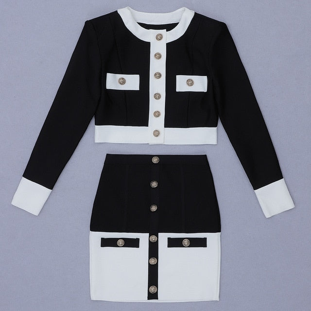 High Street Autumn Patchwork Black White O Neck Long Sleeves With Pockets Buttons Two Pieces Dress