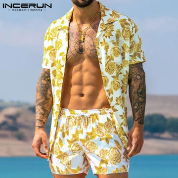 Men 2021 Summer Short Sleeve Button Shirt Beach Shorts Streetwear