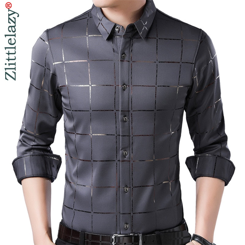 2021 Brand Casual Spring Luxury Plaid Long Sleeve Slim Fit Men Shirt
