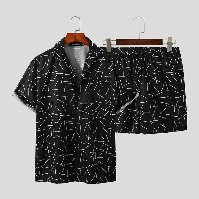 Men 2021 Summer Short Sleeve Button Shirt Beach Shorts Streetwear