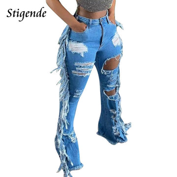 Women Hole Tassels Denim Hollow Out Ripped Jeans