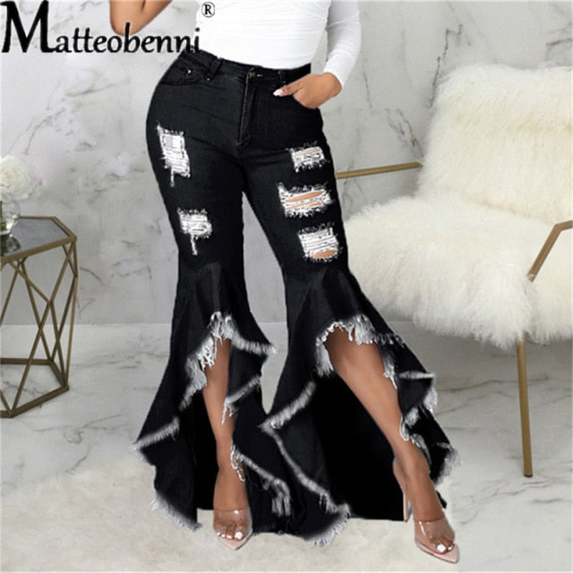 Sexy Ripped Jeans Fringe Hollow Out Ruffle Water Wash Flare Denim Pants New High Waist Bodycon Hole Women Trousers Club Outfits